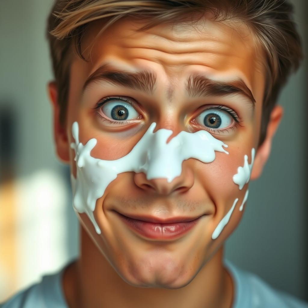 A realistic close-up portrait of a young adult with an expressive face, slightly surprised, as yogurt splashes are playfully smeared across their cheeks and forehead