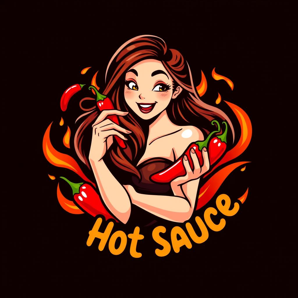 A logo for a hot sauce featuring a cute, beautiful woman with an engaging smile, in a fiery creative design
