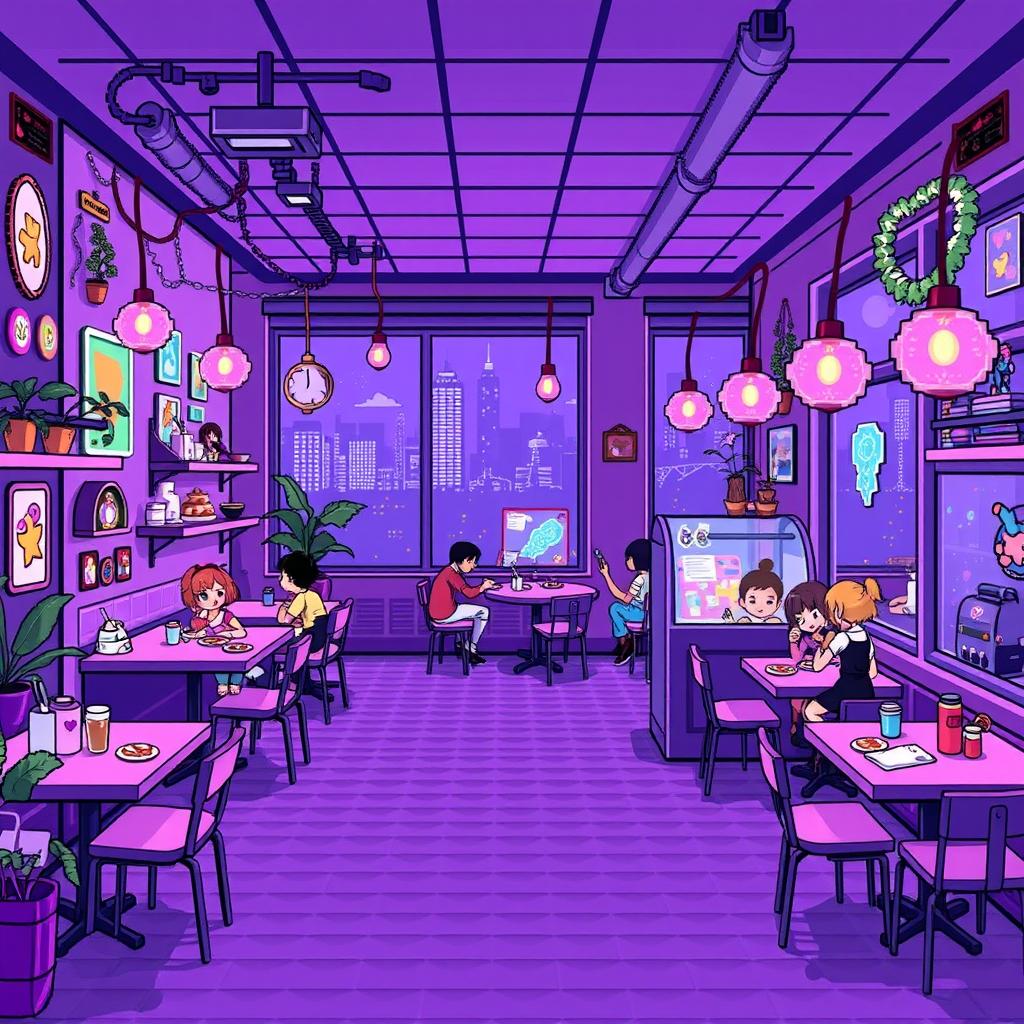 A pixel art cafe bursting with creative charm, predominantly in shades of purple
