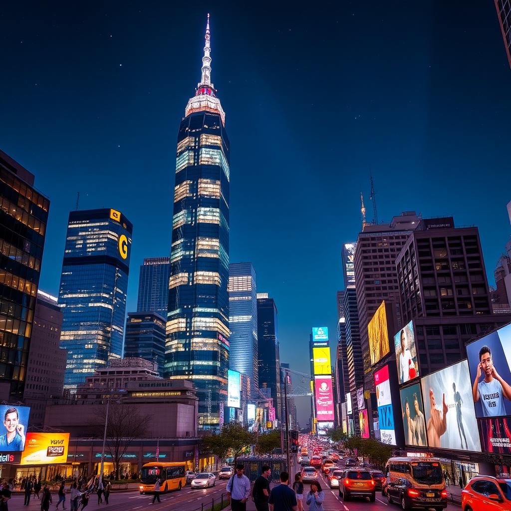 A stunning cityscape featuring illuminated skyscrapers at night, with bright lights reflecting off glass windows, the skyline dotted with a variety of architectural styles