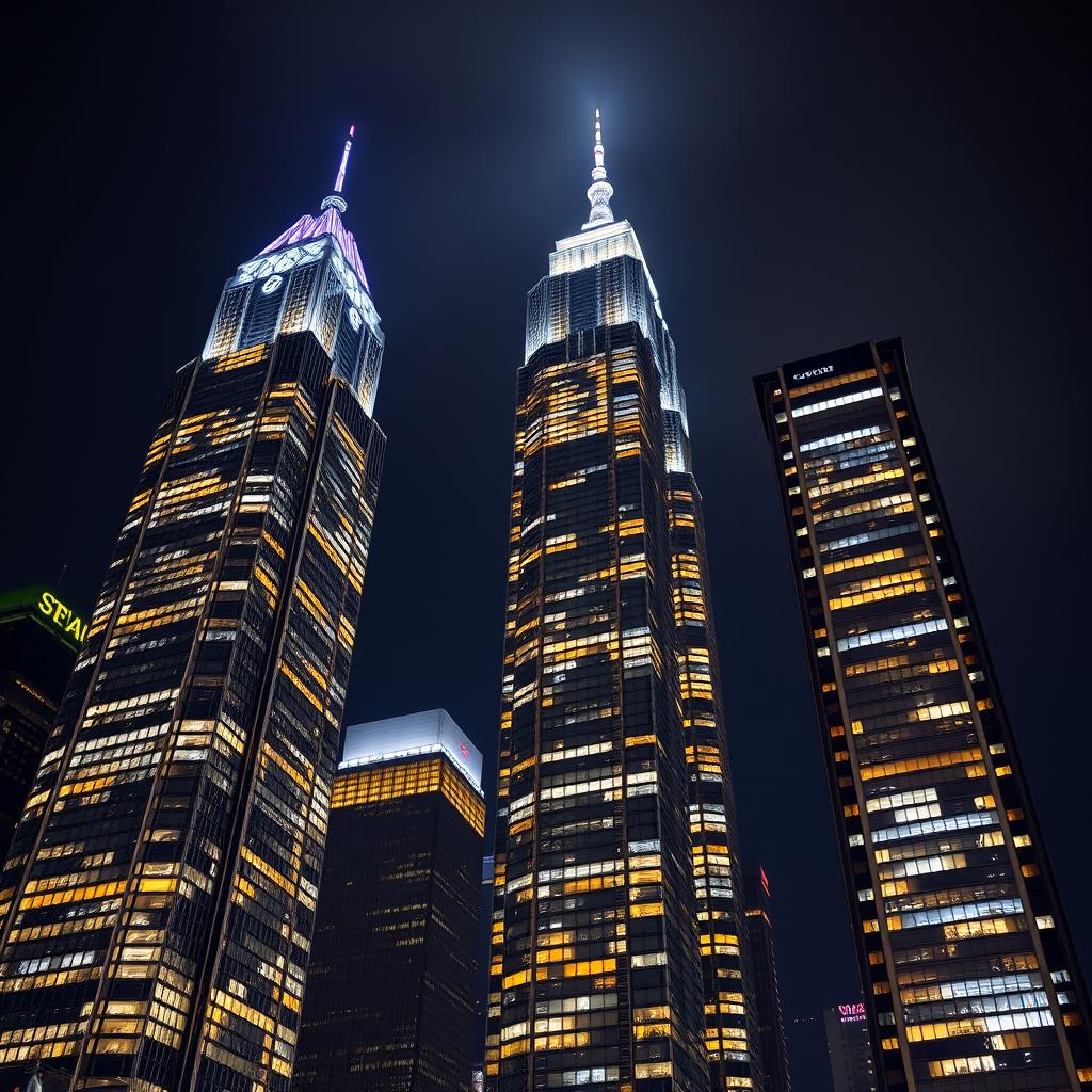 Illuminated skyscrapers at night, showcasing a vibrant city skyline