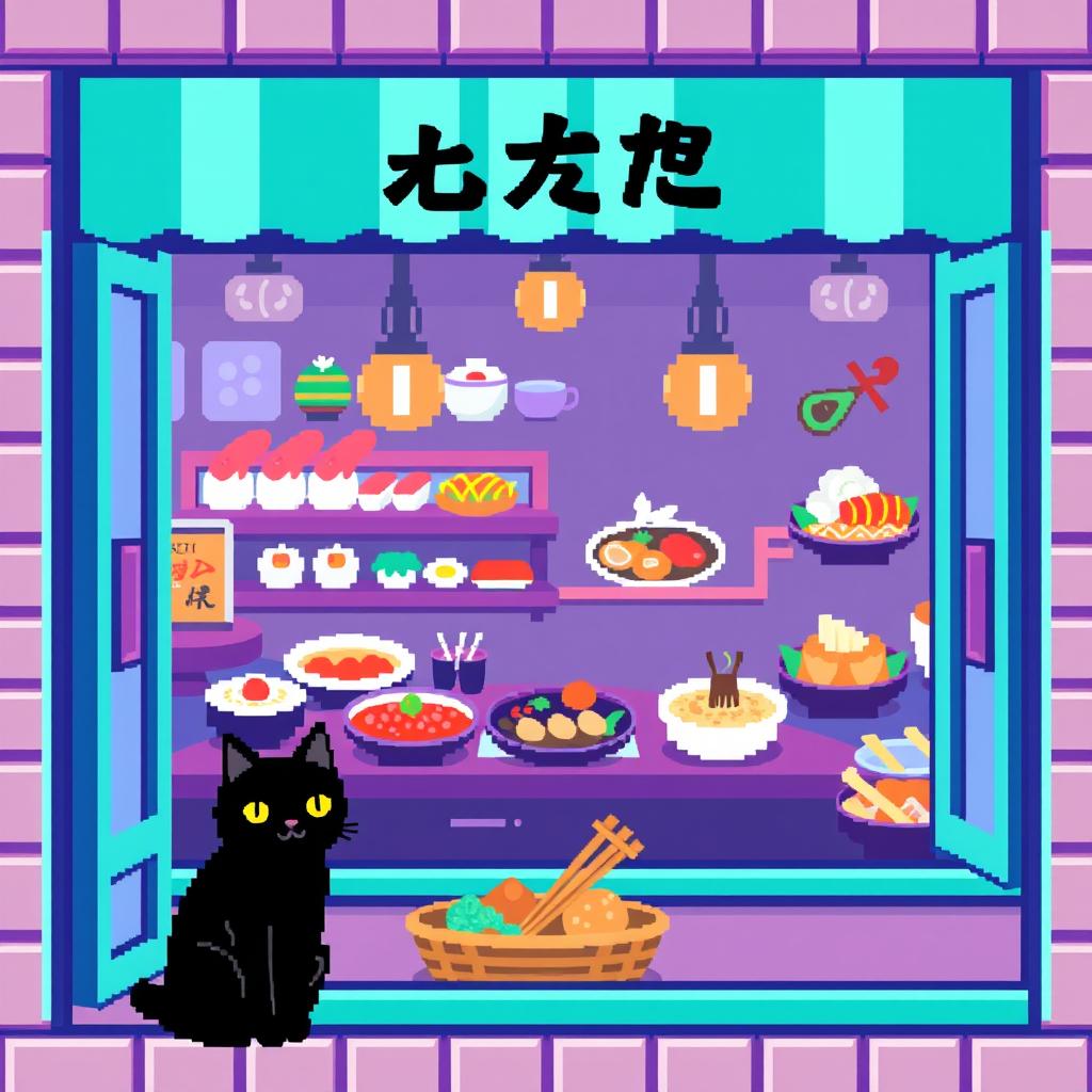 A pixel art background showcasing a cafe window of a Japanese cuisine restaurant, beautifully designed in soft turquoise and purple tones