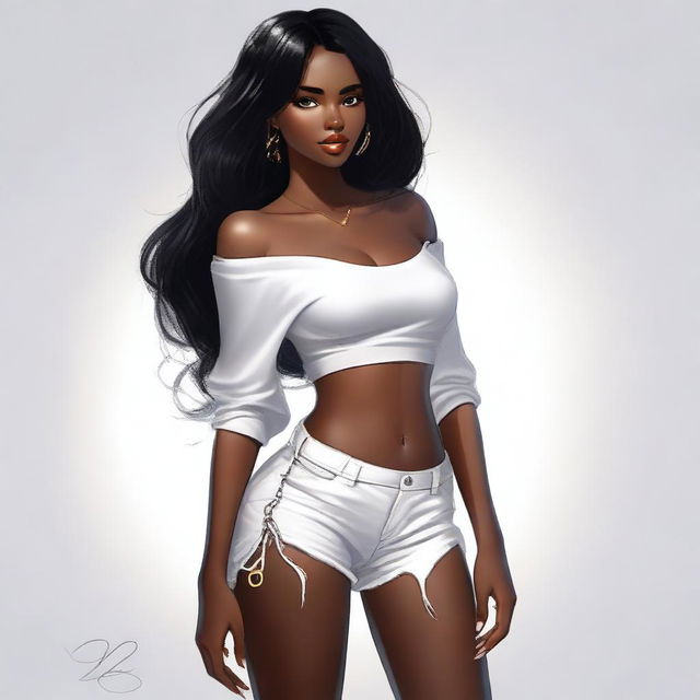 A high-quality digital art of a beautiful dark-skinned girl with long, glossy black hair and captivating brown eyes