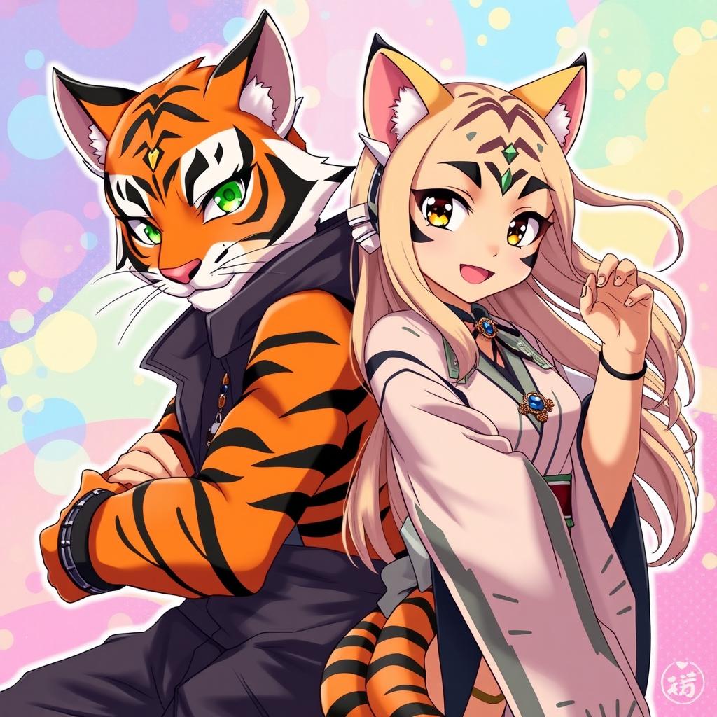 Anime twins featuring a male and female character, both with striking tiger features