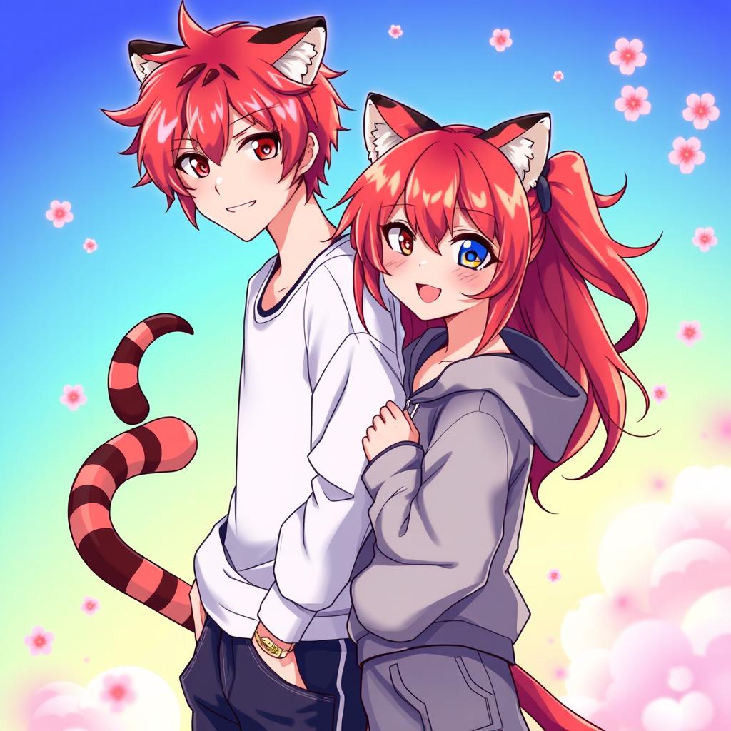 Anime style illustration of twins, one male and one female, with vibrant red hair