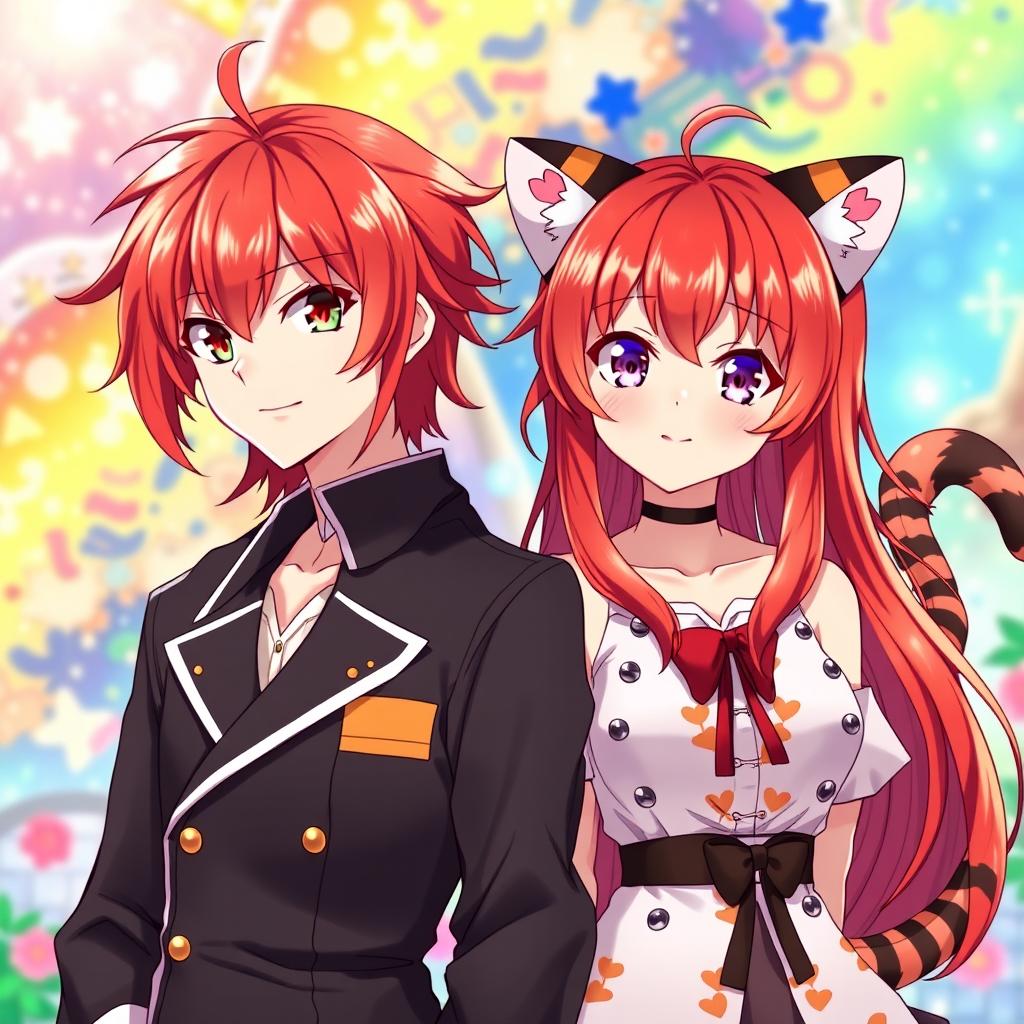Anime twins, one male and one female, both with vibrant red hair
