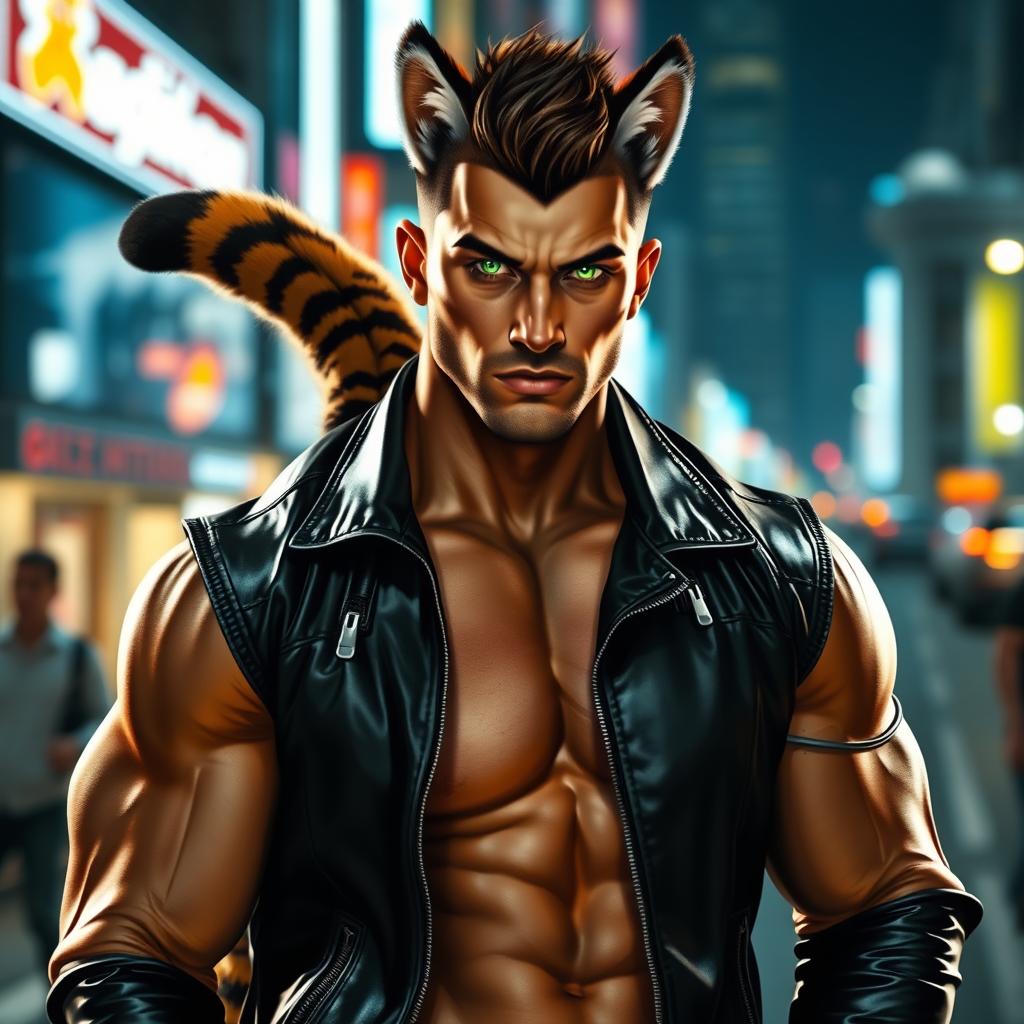 A muscular man with striking tiger ears and a long, fluffy tail, showcasing his buff physique