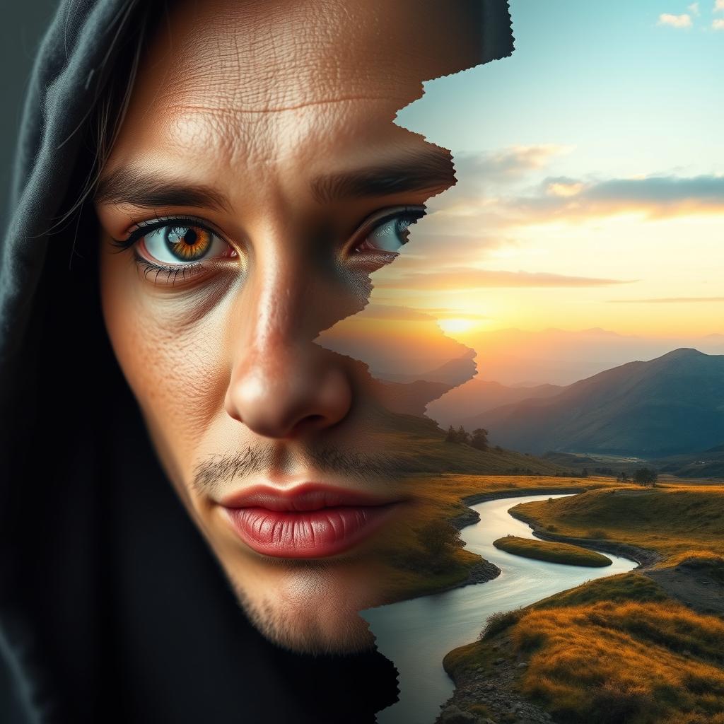 A photo montage featuring a face seamlessly blended from the left side into the right side of another image