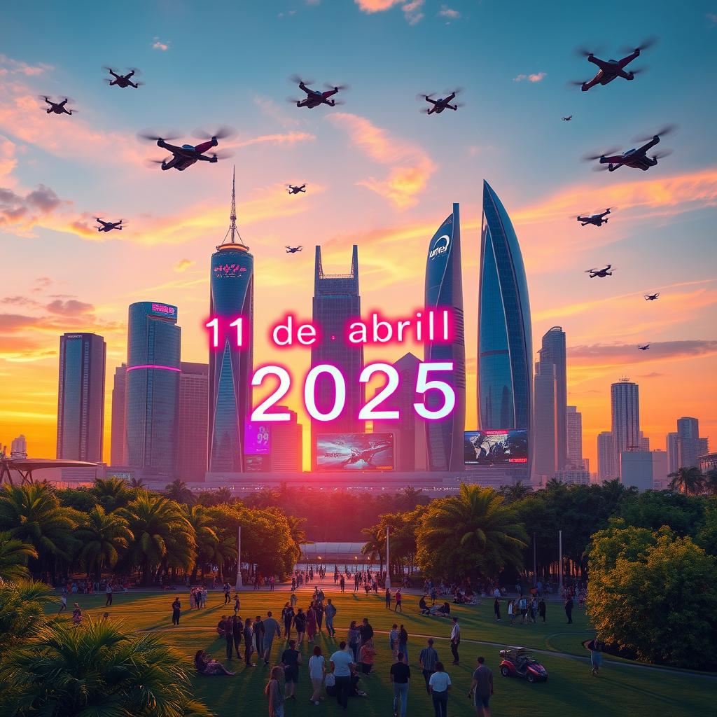 A vibrant digital artwork featuring a futuristic cityscape at sunset, showcasing stunning skyscrapers with neon lights and flying cars