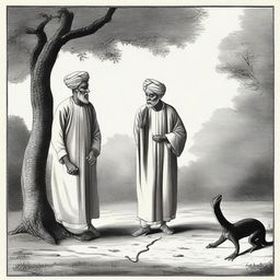 An elderly man wearing a turban, holding a tasbih, leaning under a tree approached by an agitated snake, with a man chasing the snake carrying a stick.