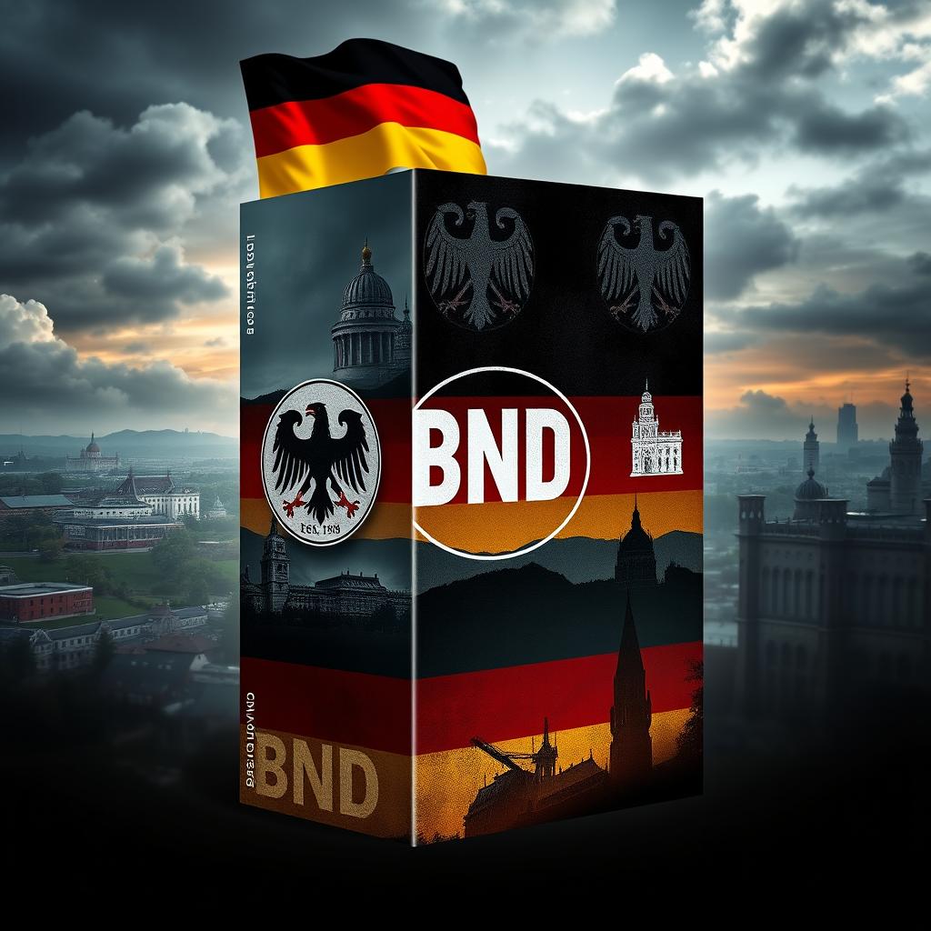 Book cover design for the German Intelligence Service (BND), prominently featuring the official coats of arms in watermarked style, accurately respecting symbols, fonts, and historical formats