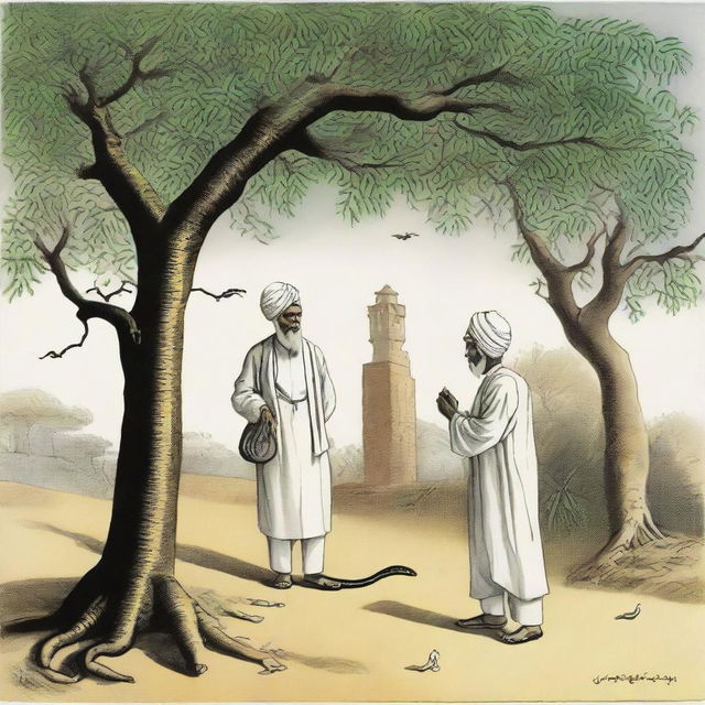 An elderly man wearing a turban, holding a tasbih, leaning under a tree approached by an agitated snake, with a man chasing the snake carrying a stick.