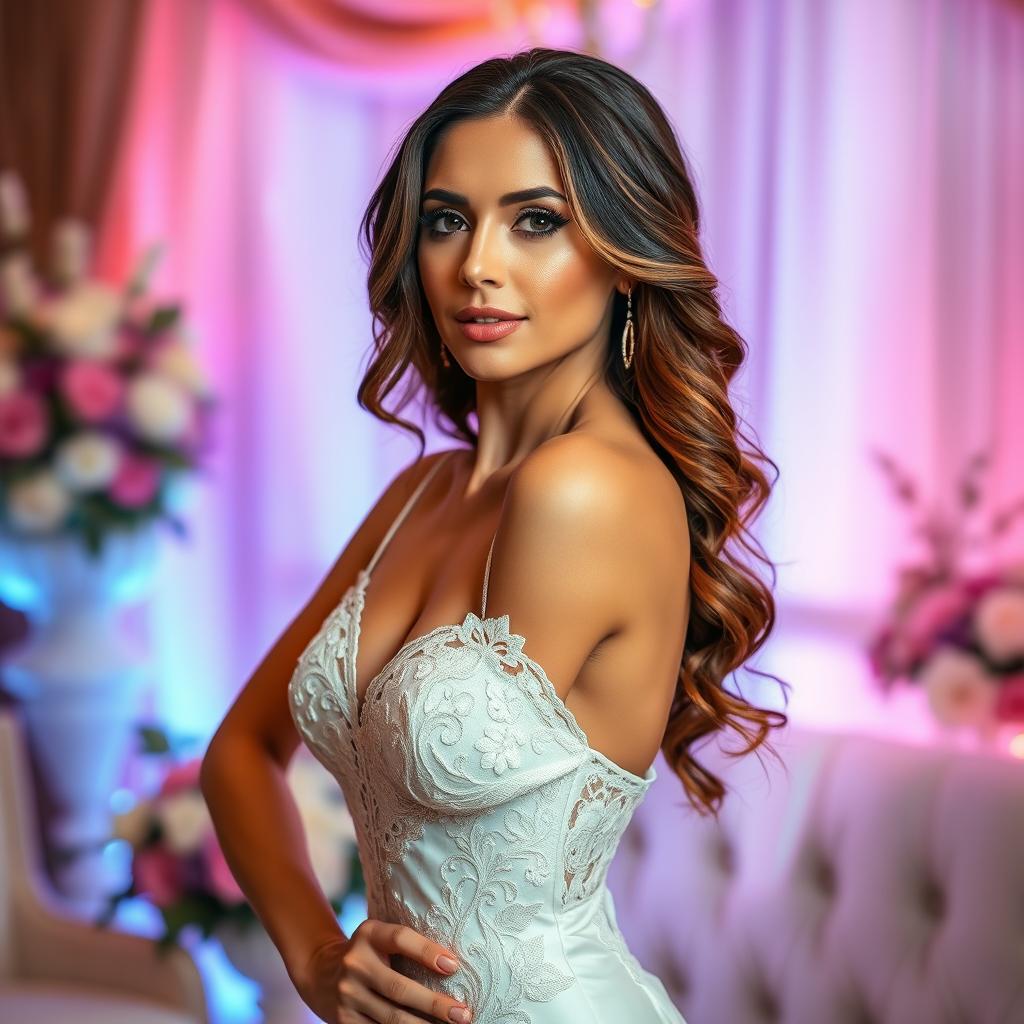 A beautiful, alluring woman dressed in a form-fitting, elegant wedding attire, exuding confidence and excitement for her wedding night