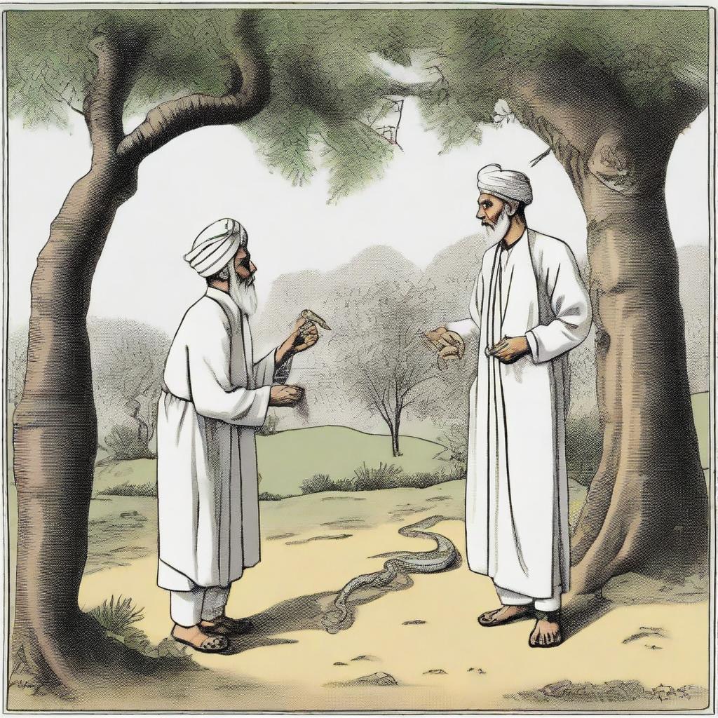 An elderly man wearing a turban, holding a tasbih, leaning under a tree approached by an agitated snake, with a man chasing the snake carrying a stick.