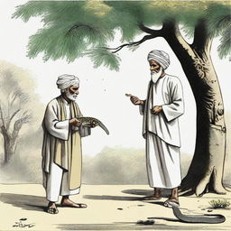 An elderly man wearing a turban, holding a tasbih, leaning under a tree approached by an agitated snake, with a man chasing the snake carrying a stick.