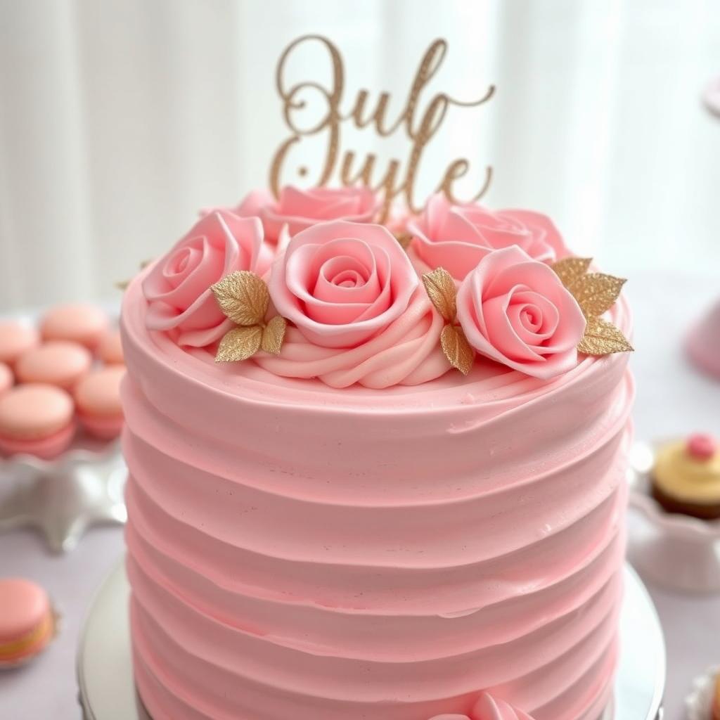 A beautifully decorated pink cake with soft, fluffy frosting, featuring elegant floral accents made of sugar roses and delicate leaves
