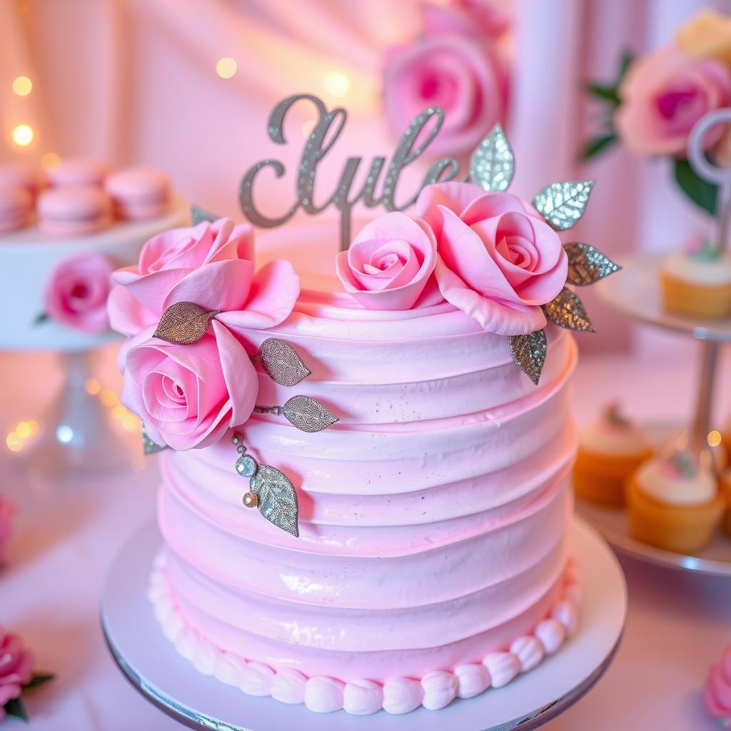 A beautifully decorated pink cake with soft, fluffy frosting, featuring elegant floral accents made of sugar roses and delicate leaves