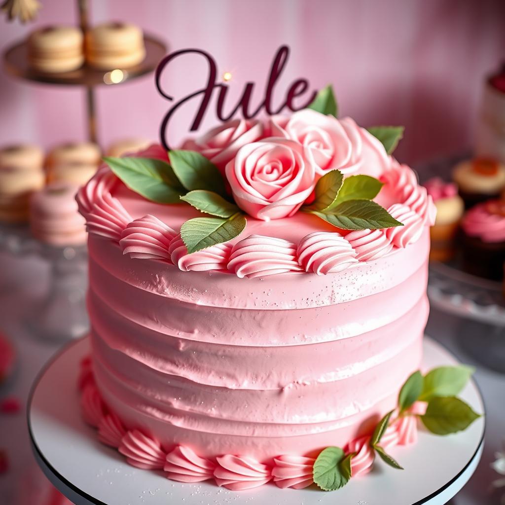 A beautifully decorated pink cake with soft, fluffy frosting, featuring elegant sugar roses and delicate green leaves