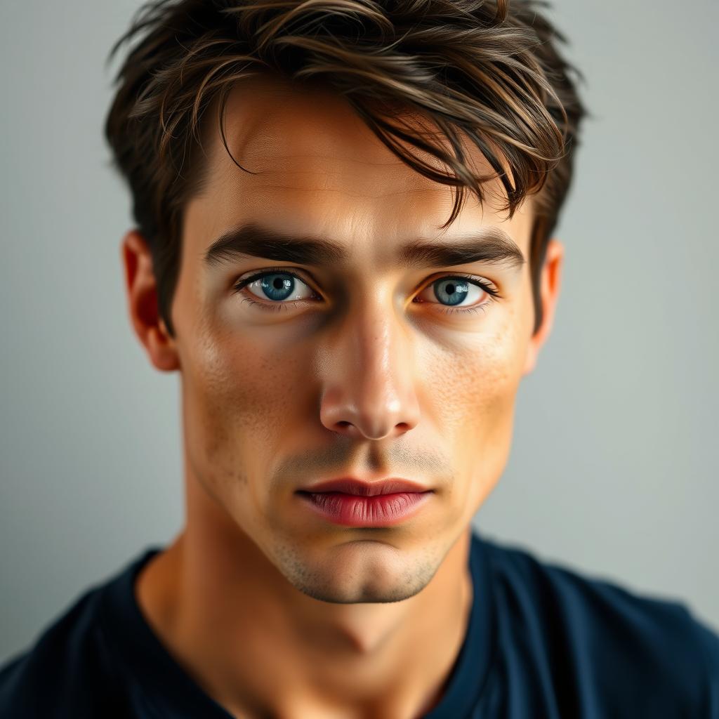 A portrait of a handsome man with slightly hollow cheeks, emphasizing his chiseled features and sharp jawline
