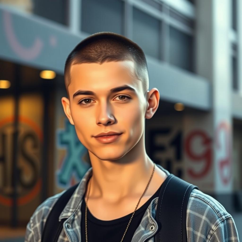 Create an image of a person with a buzz cut hairstyle