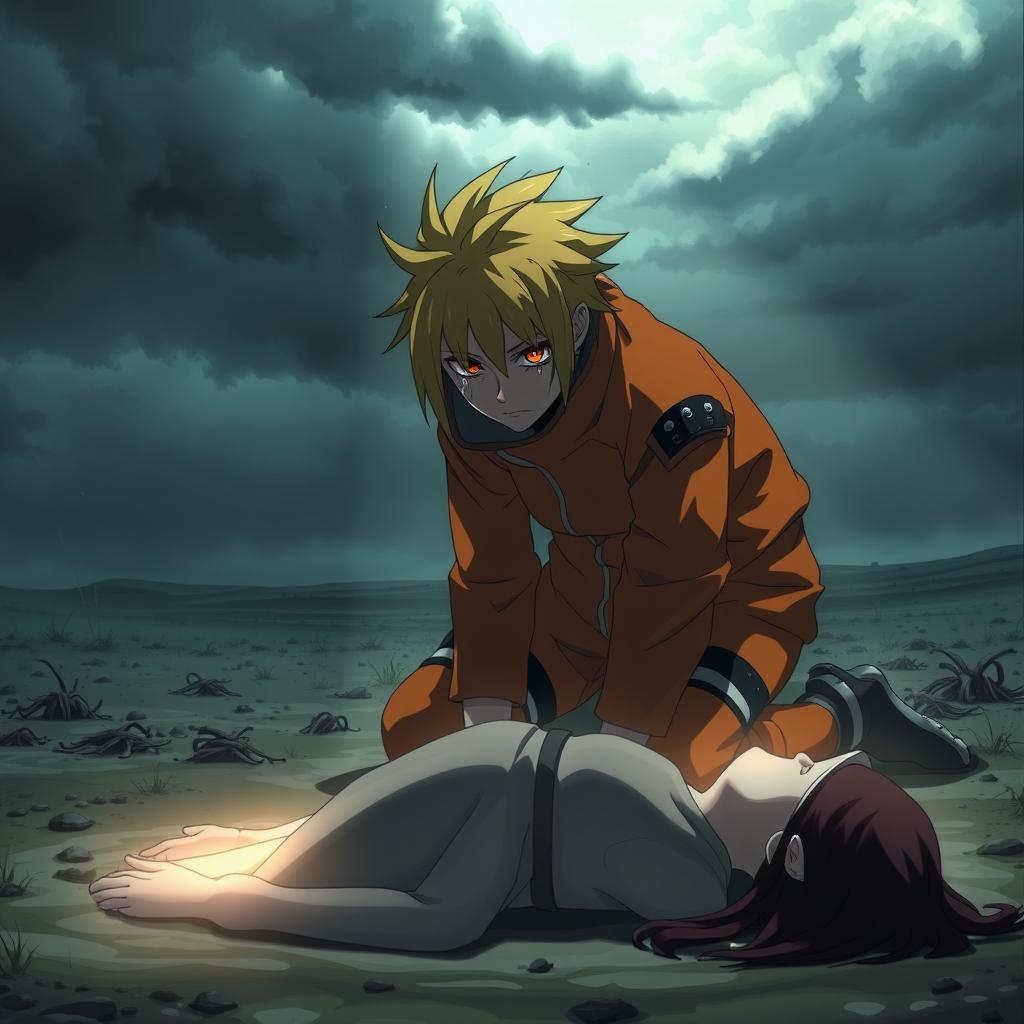 A dramatic scene featuring Naruto, depicted with expressive emotions as he kneels on the ground, tears streaming down his face