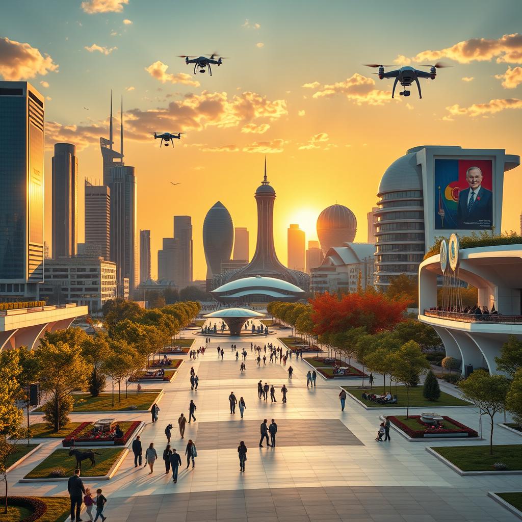 A futuristic cityscape of Astana, Kazakhstan, showcasing skyscrapers and modern architecture bathed in golden sunset light, with a tranquil atmosphere