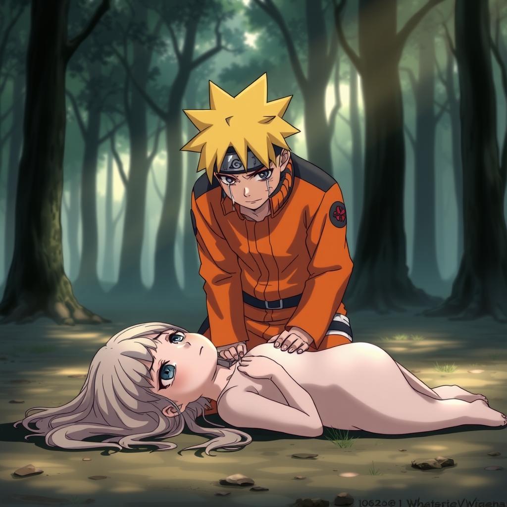 A poignant scene depicting Naruto Uzumaki, in his signature orange jumpsuit, kneeling on the ground with tears streaming down his face, mourning the loss of a girl who is laid out peacefully in front of him
