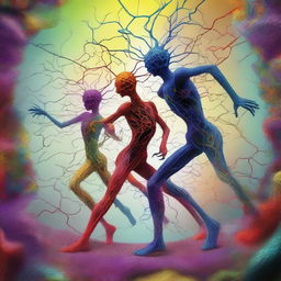 A surreal digital art piece of the highest quality, showcasing neuron-headed magnet dancers