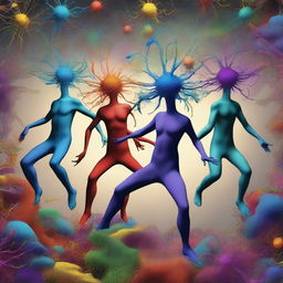 A surreal digital art piece of the highest quality, showcasing neuron-headed magnet dancers