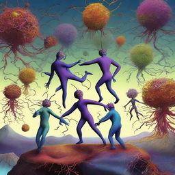 A surreal digital art piece of the highest quality, showcasing neuron-headed magnet dancers