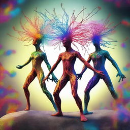 A surreal digital art piece of the highest quality, showcasing neuron-headed magnet dancers