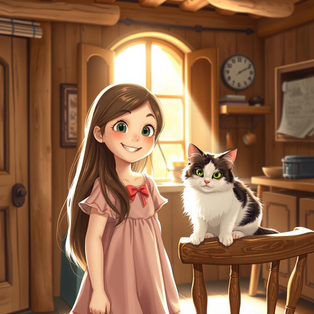 A young girl with a cheerful smile standing in a cozy village house, with warm wooden interiors and a rustic charm