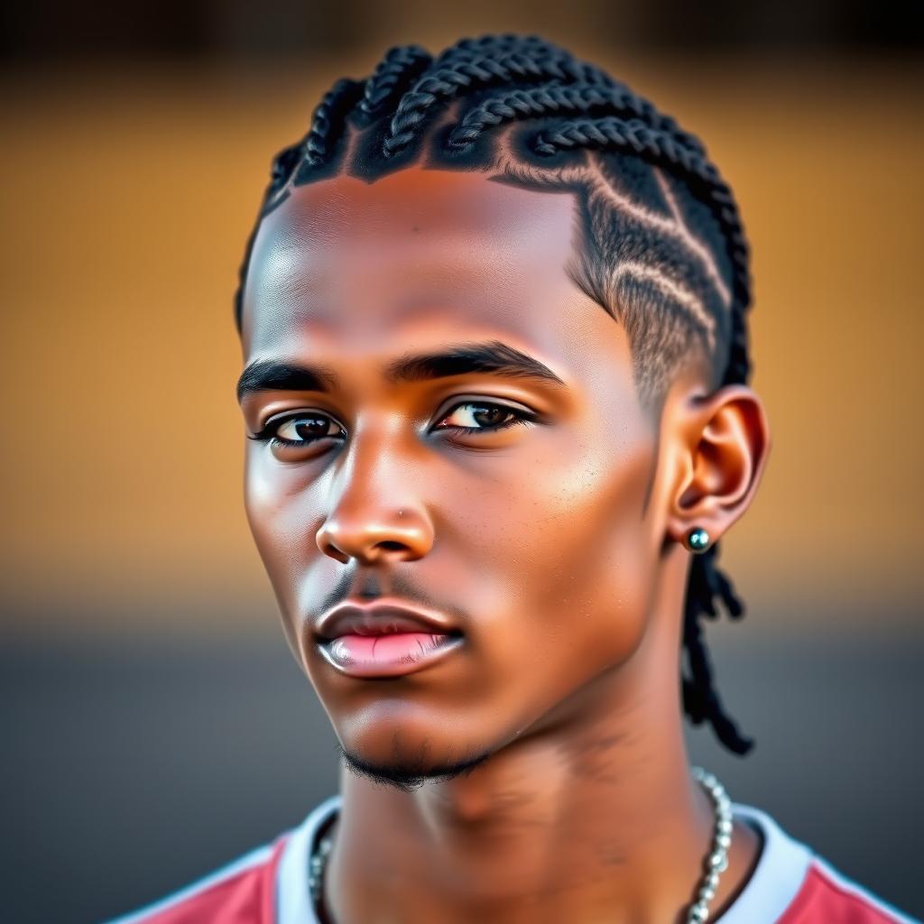 A retouched photo of a man with braided hair, enhancing the pixels and overall image quality while keeping the essence of the original image intact
