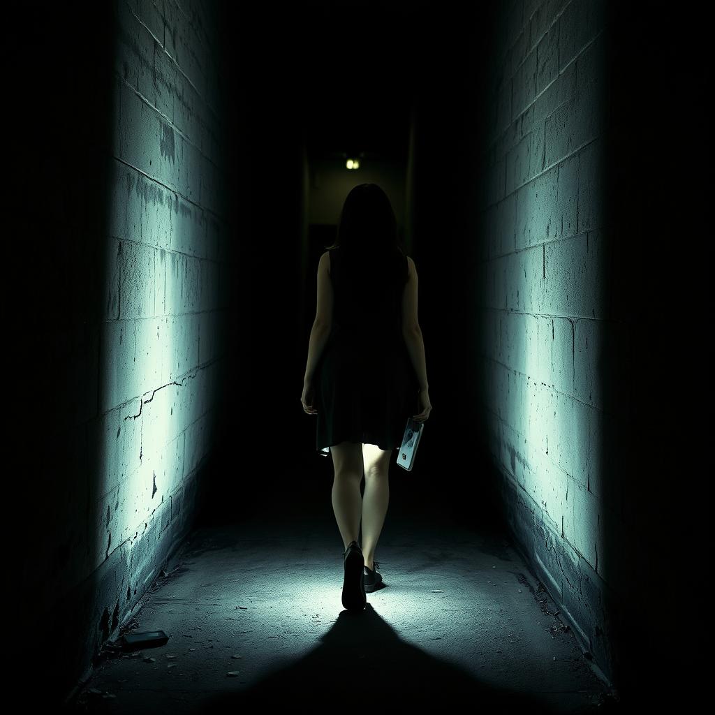A scene depicting a woman named Mary walking slowly down a dark alley