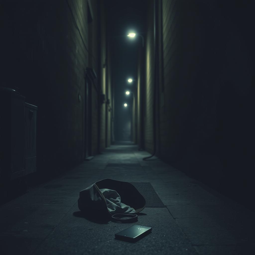 A deserted and dark alleyway, featuring an open bag and a broken mobile phone on the ground
