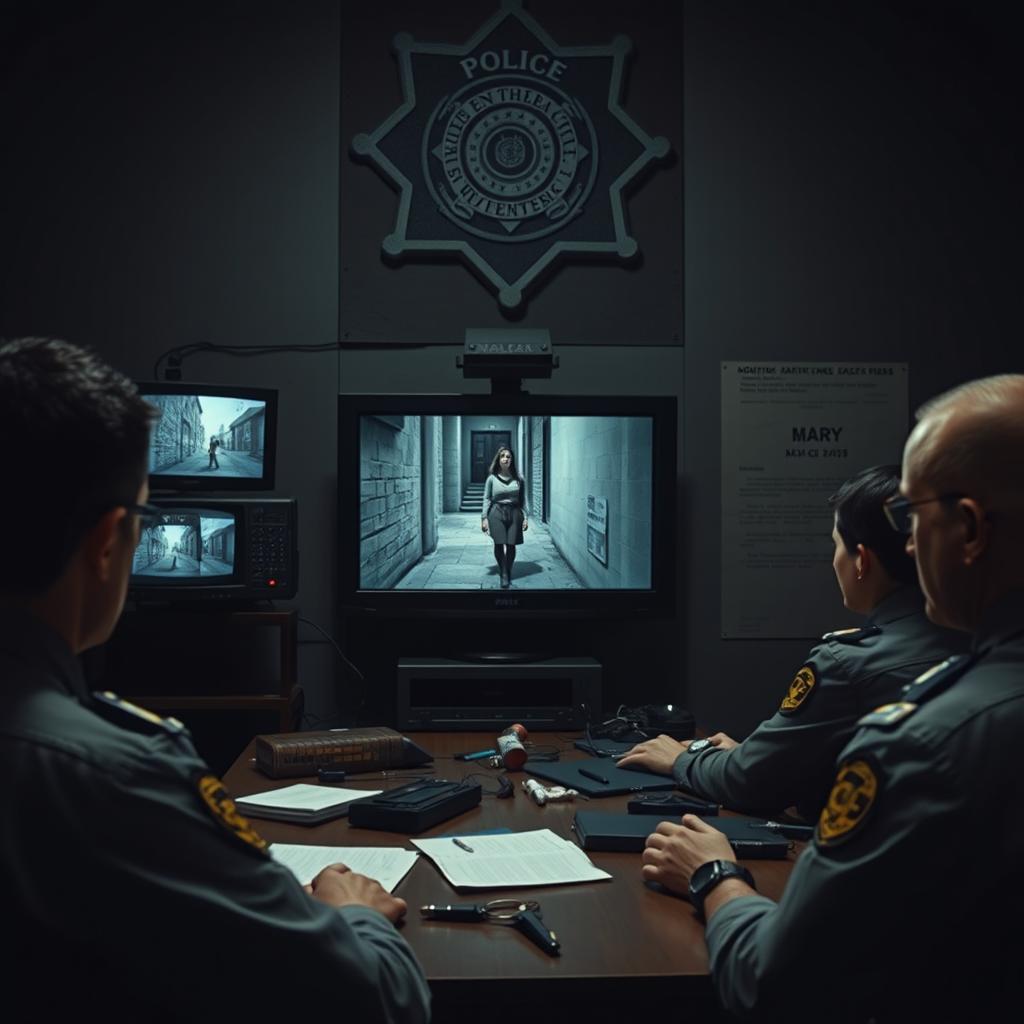 A tense police interrogation room with officers reviewing footage on monitoring screens