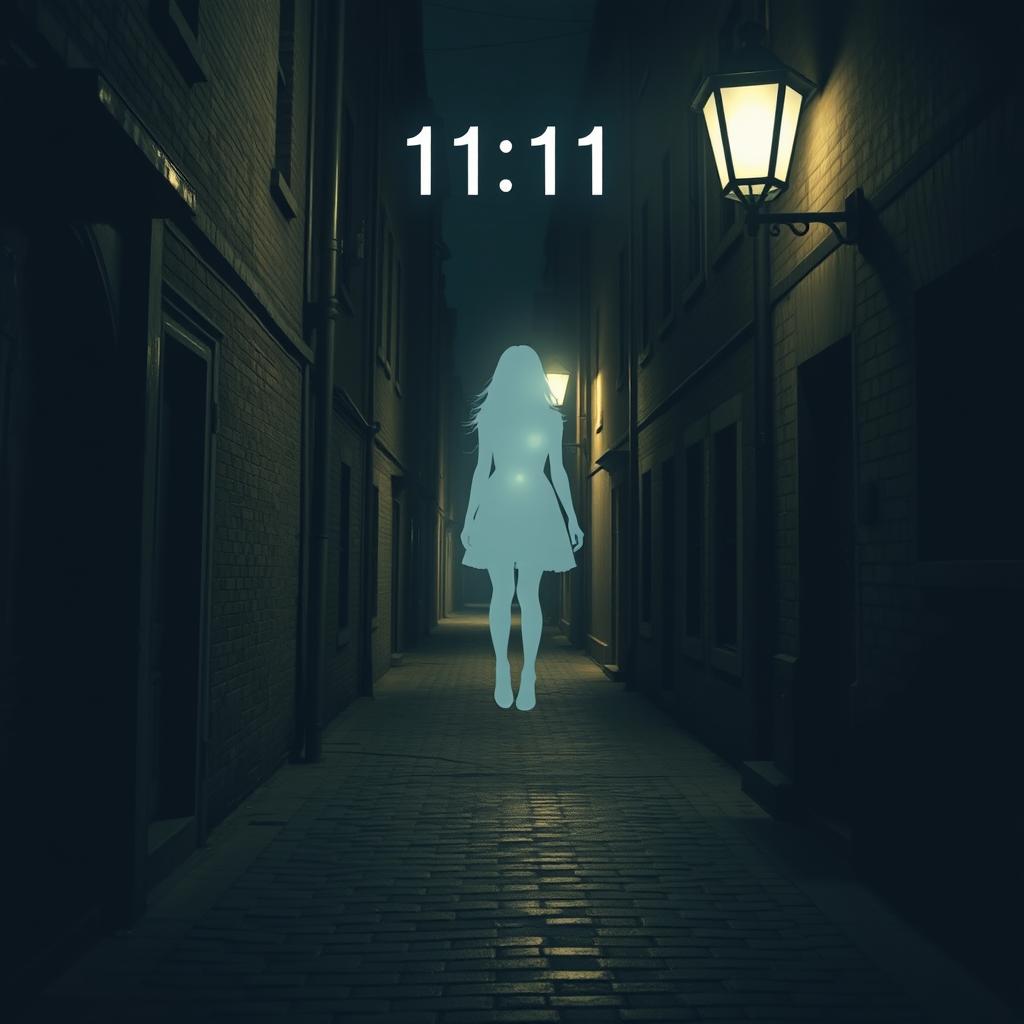 A nighttime alley at 11:11 PM, empty of people, with a spooky and silent atmosphere