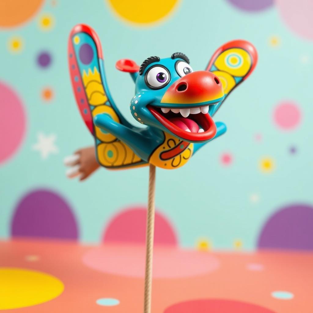 A vibrant and playful boomerang push puppet, featuring a colorful design with intricate patterns
