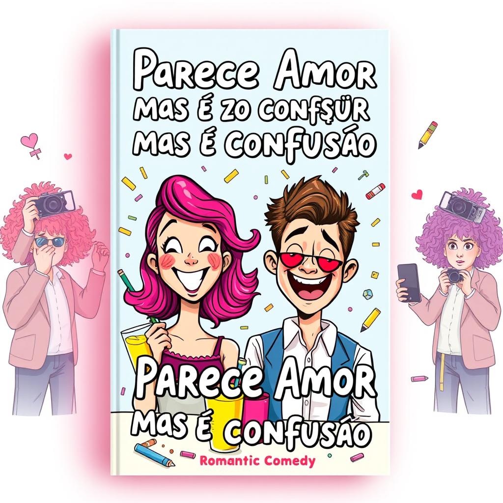 A whimsical and colorful book cover for a romantic comedy titled "Parece Amor Mas É Só Confusão"