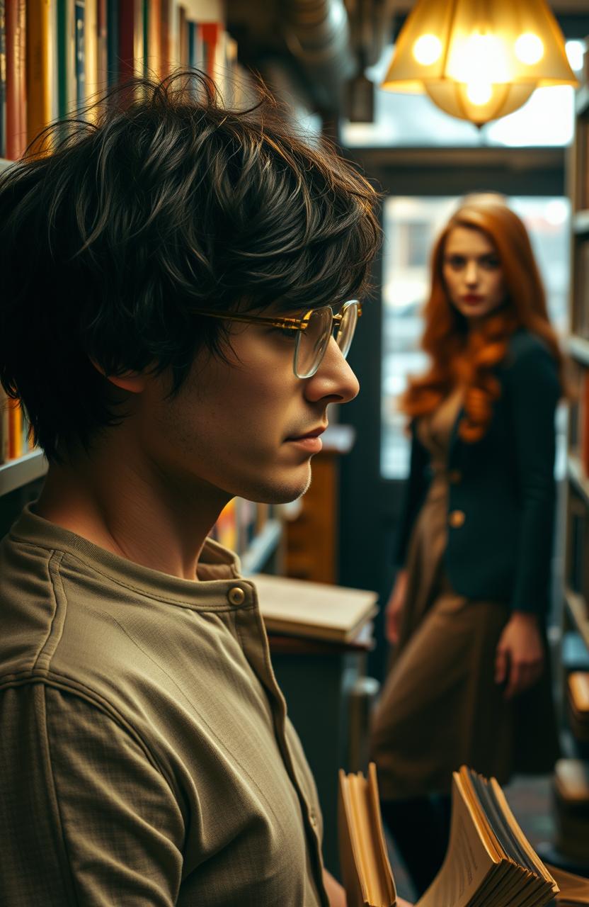 A contemplative scene inside a quaint, cozy bookstore featuring Aaron, a bookish man in his 30s, with tousled dark hair and glasses