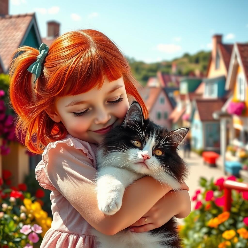 A cute little girl with vibrant red hair, eyes closed in a serene smile, lovingly embracing her fluffy white and black cat