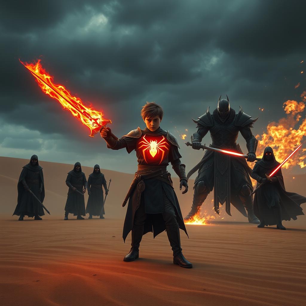 In the heart of an expansive desert under a sky heavy with dark, ominous clouds, a brave young warrior stands boldly, wielding a fiery sword ablaze with glowing red flames