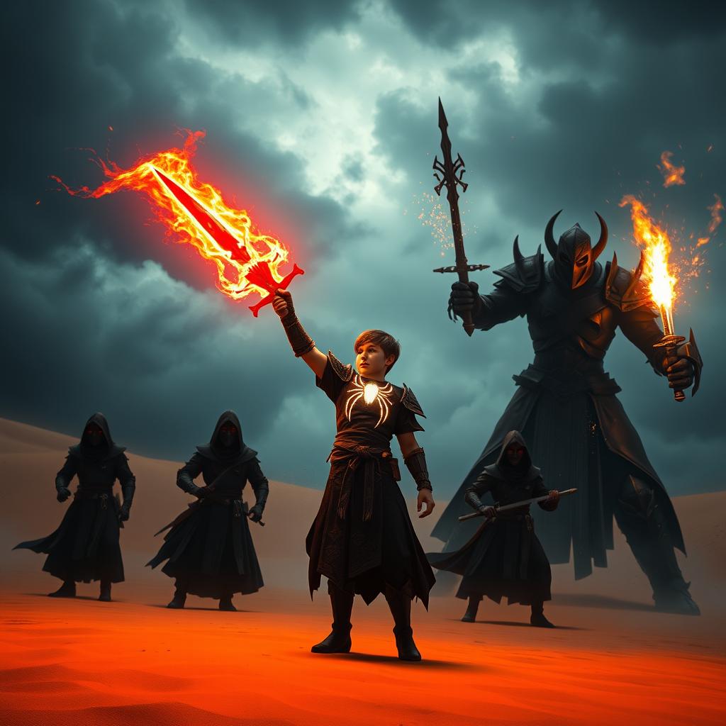 In a vast desert under a heavy, dark stormy sky, a brave young warrior stands waving a fiery sword engulfed in bright red flames
