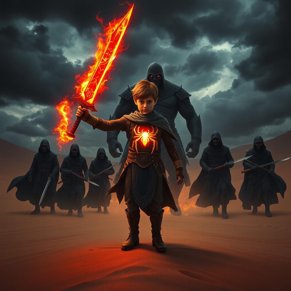 In the heart of a vast desert under a sky filled with heavy black clouds, a brave young warrior stands confidently, wielding a blazing crimson sword ignited with fiery flames