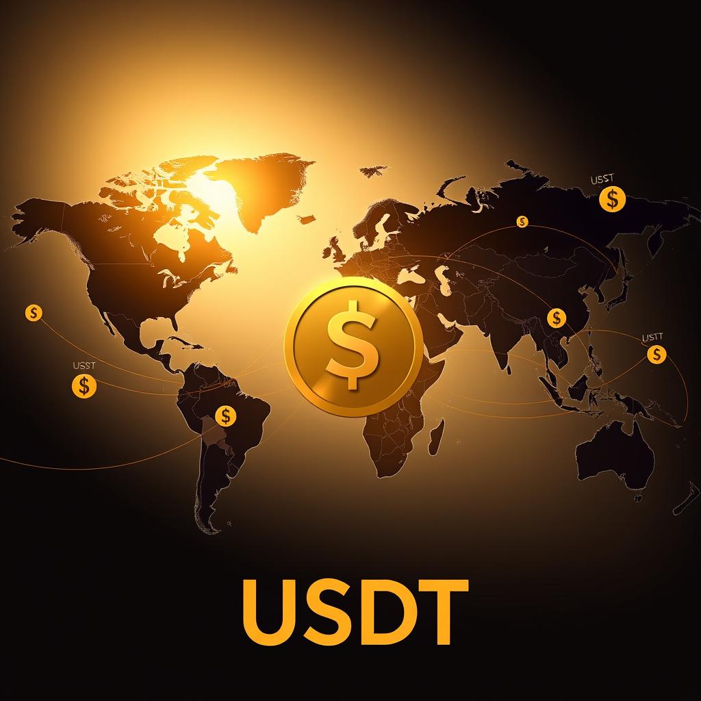 A sophisticated and elegant visual representation of a world map with prominent currency symbols, highlighting the USDT cryptocurrency