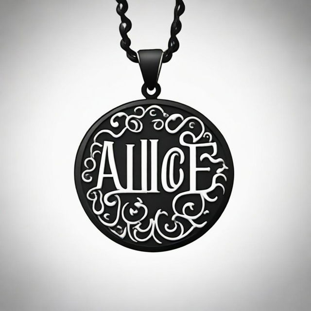 A high contrast, black and white vector-style illustration of the name 'Alice' formed into a pendant shape on a white background. Maintain a simple, flat design and line art style without use of any colors.