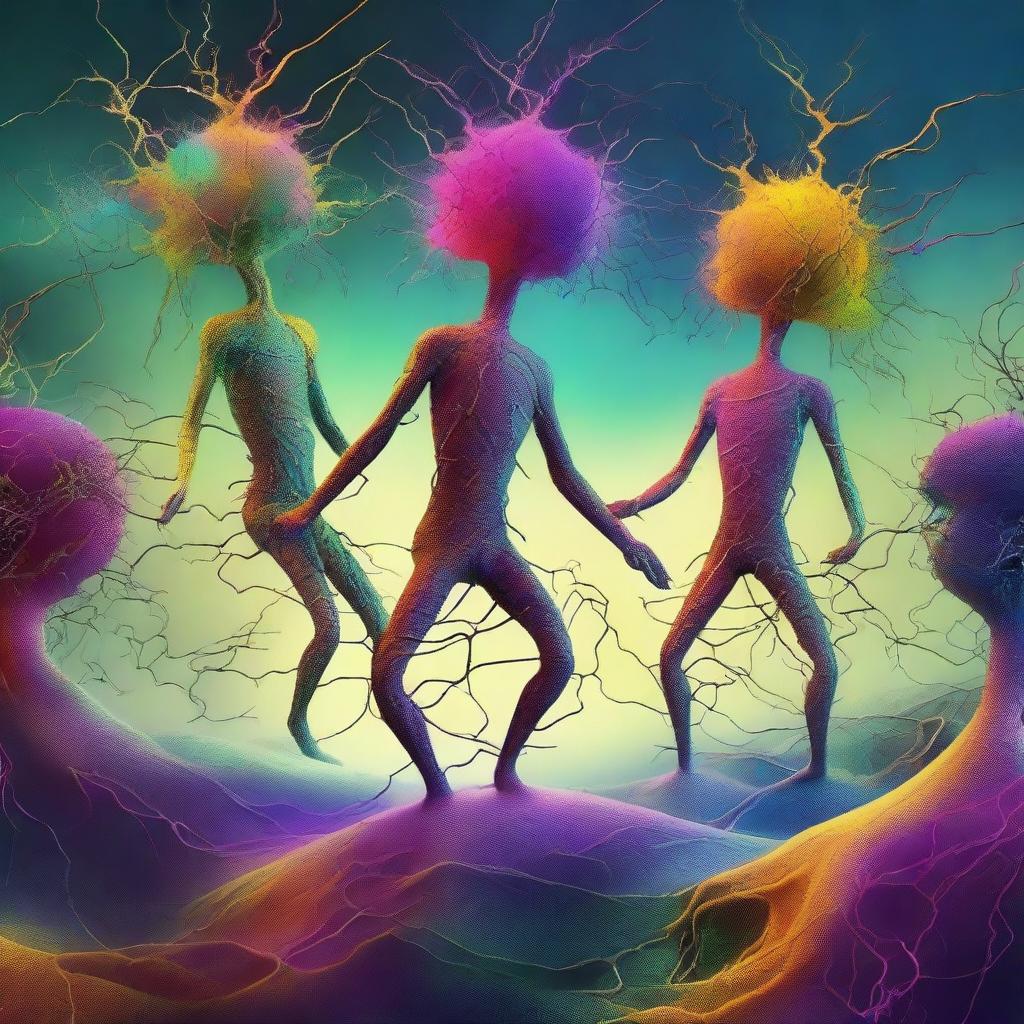 This is a detailed, surreal digital art piece, depicting neuron-headed magnet dancers