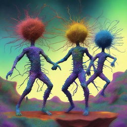 This is a detailed, surreal digital art piece, depicting neuron-headed magnet dancers