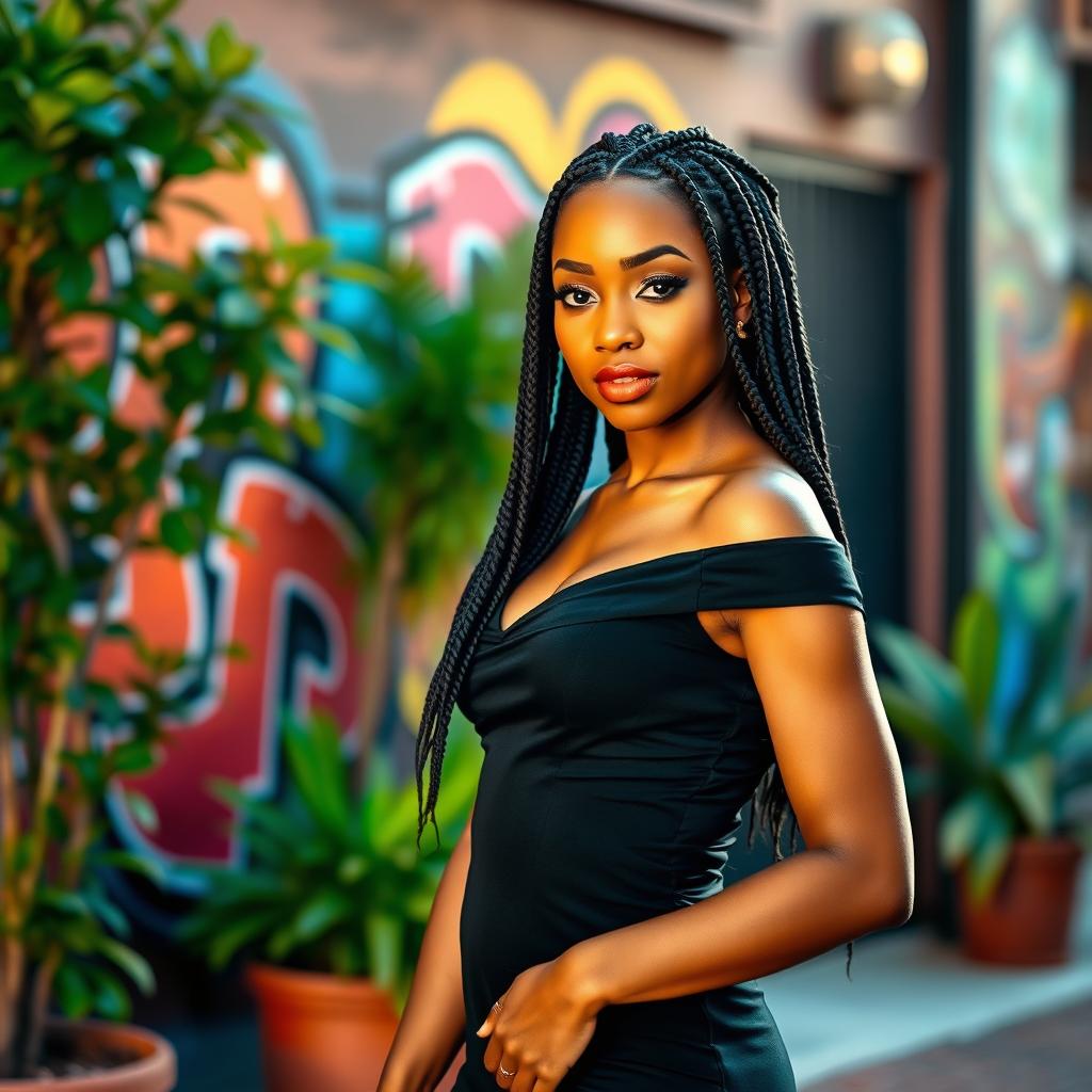 A stunning young woman with box braid hair, radiating confidence, wearing an elegant black dress that accentuates her figure
