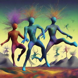 This is a detailed, surreal digital art piece, depicting neuron-headed magnet dancers